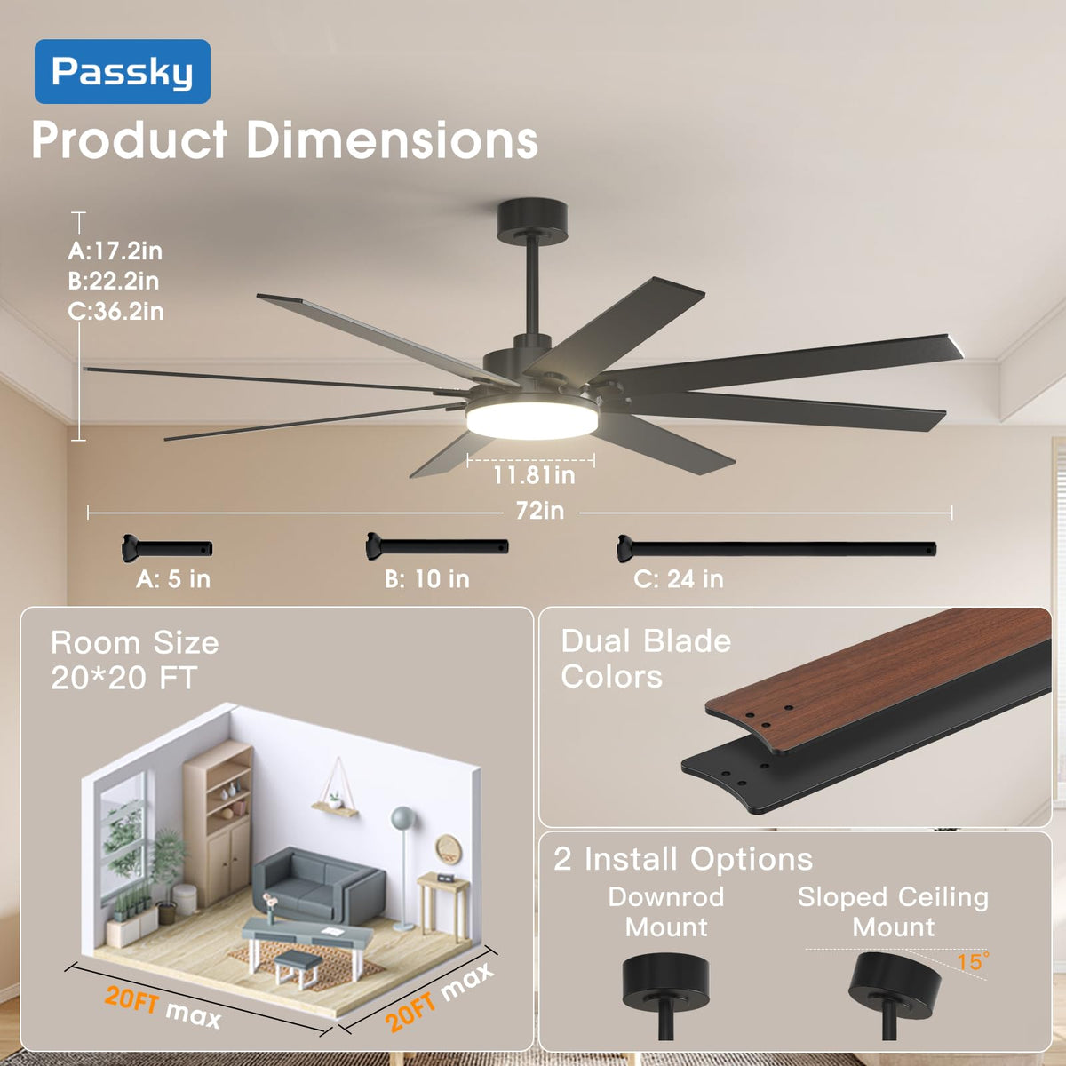 Passky quiet ceiling fan quietly cools bedrooms and living spaces
