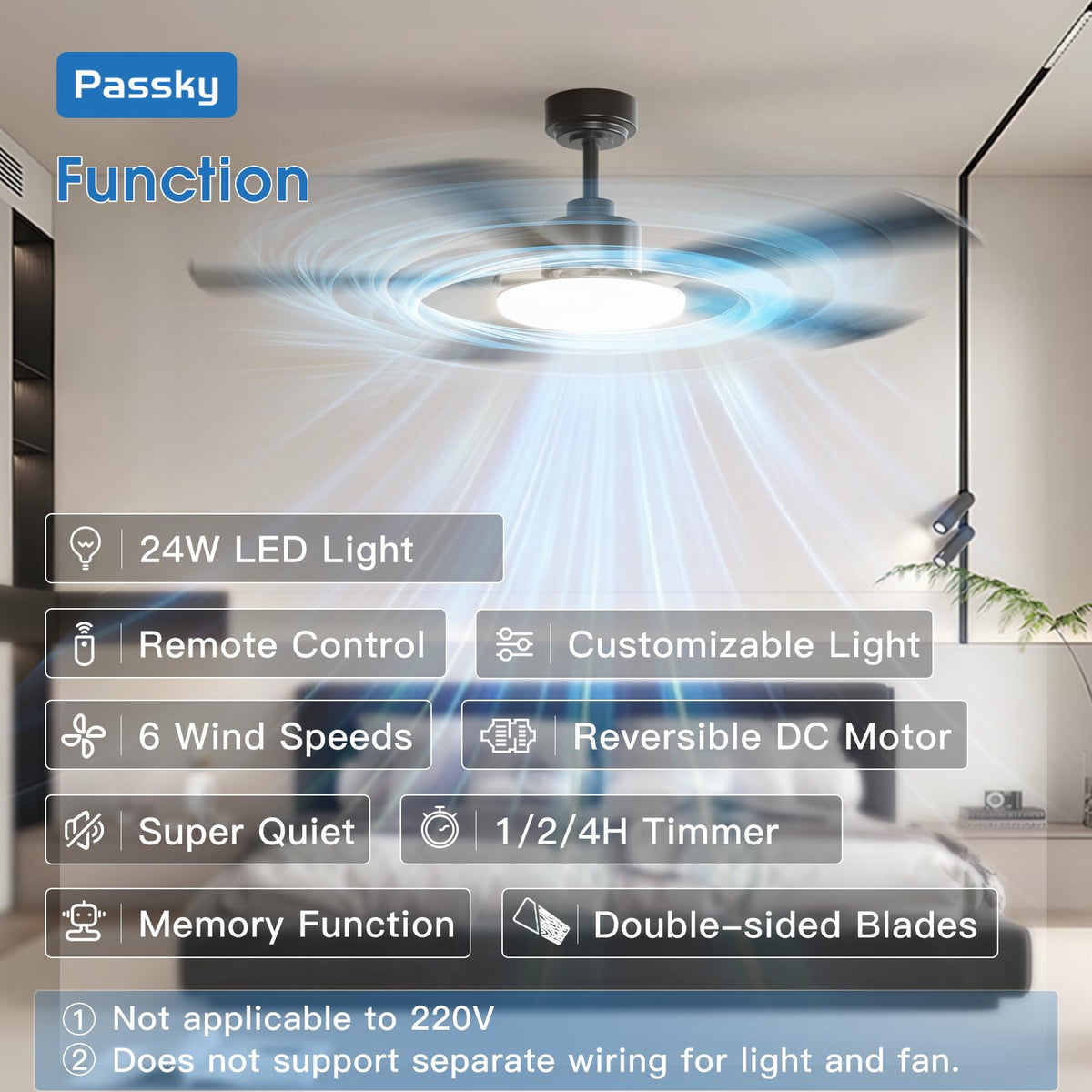 Passky 52-inch ceiling fan with light featuring a quiet DC motor for restful nights.