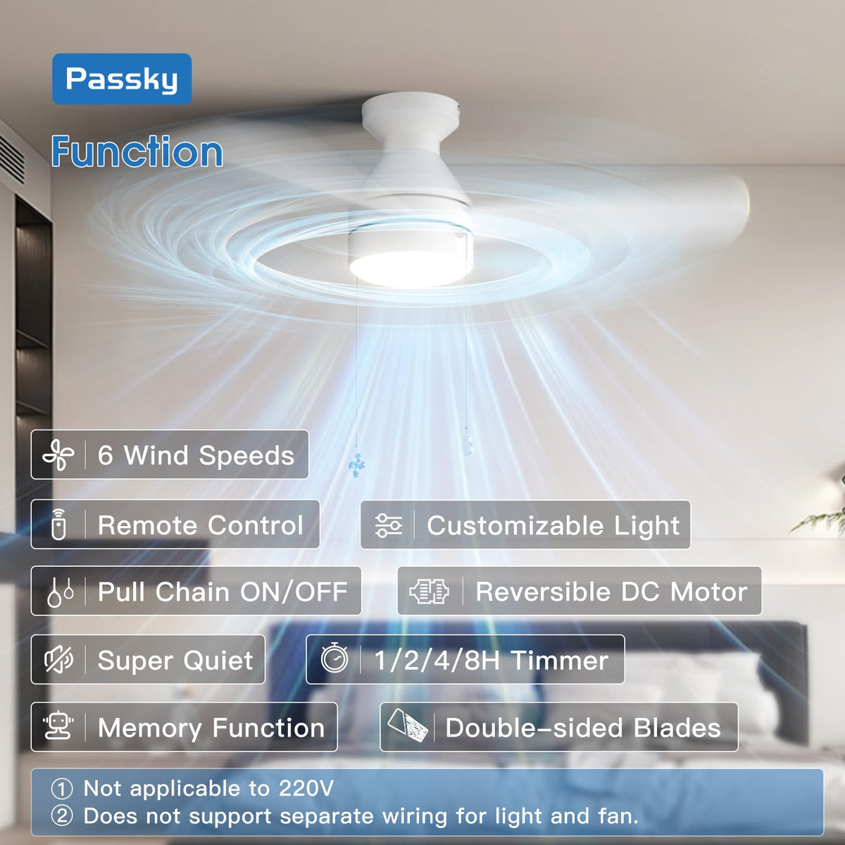 Passky remote-control ceiling fan for precise fan speed and light control from a distance