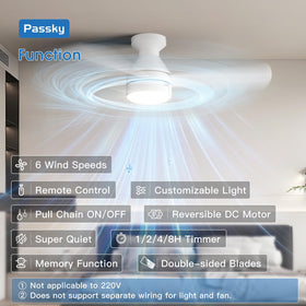 Passky remote-control ceiling fan for precise fan speed and light control from a distance