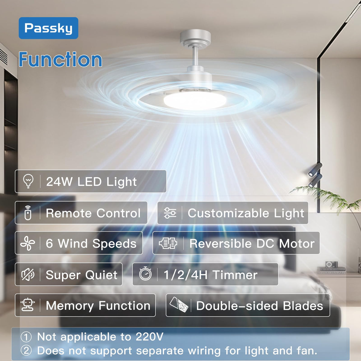 Passky remote-control ceiling fan enables precise control of fan and light.