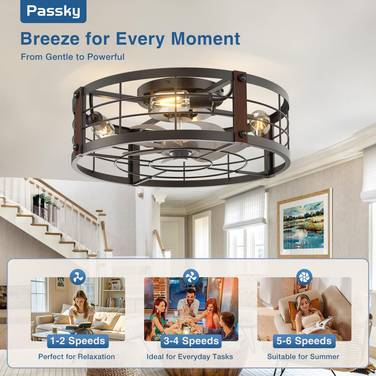 Passky remote-controlled ceiling fan with timer for convenient control.