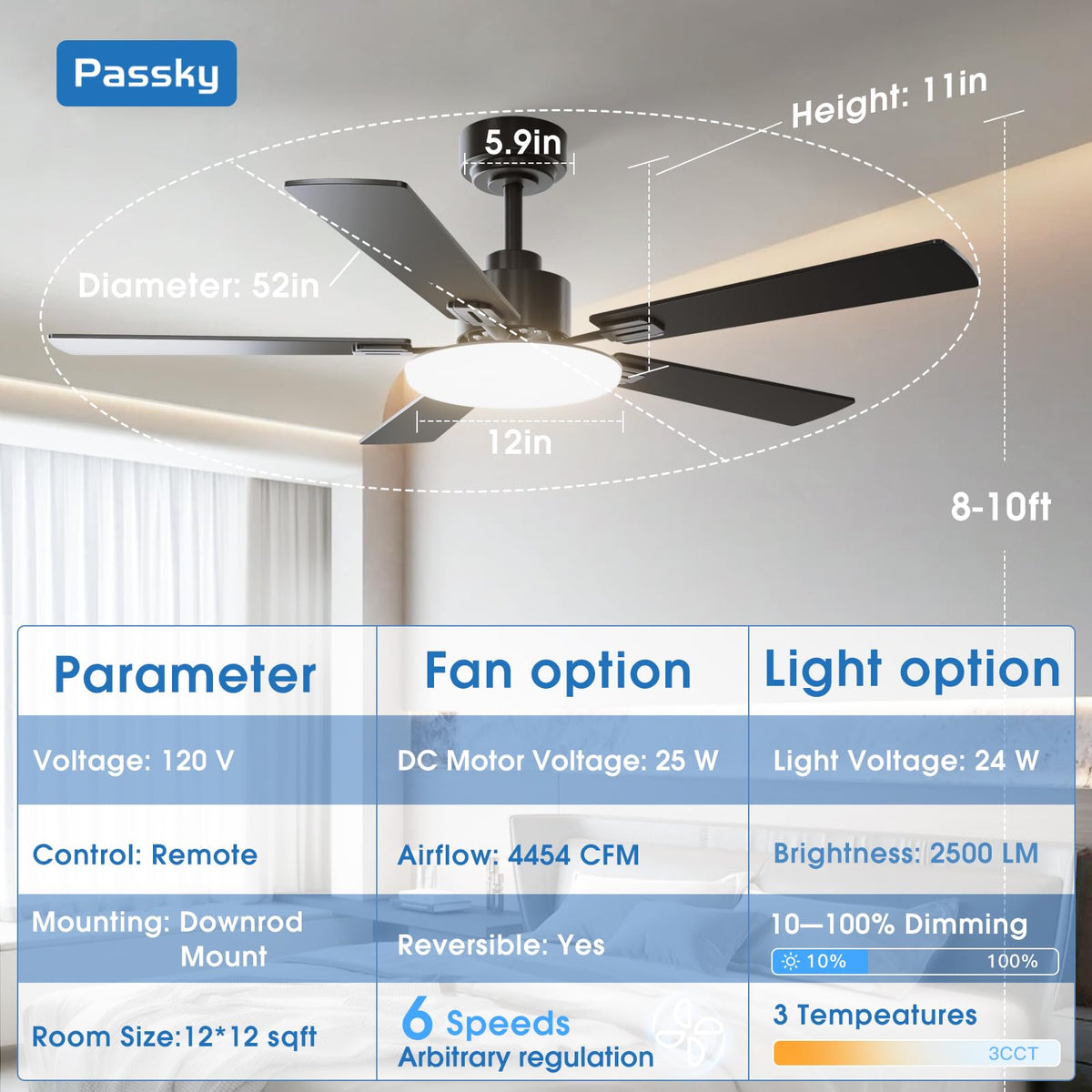 Passky reversible DC motor ceiling fan with dual-color blades to match decor.