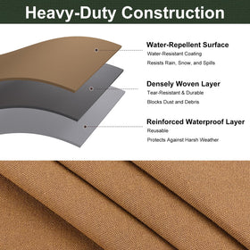Patiobay all-weather canvas tarp shields gear against rain, sun, and wind.