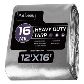 Patiobay 12x16ft heavy-duty tarp covering outdoor gear in rain