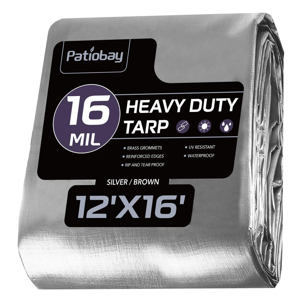 Patiobay 12x16ft heavy-duty tarp covering outdoor gear in rain