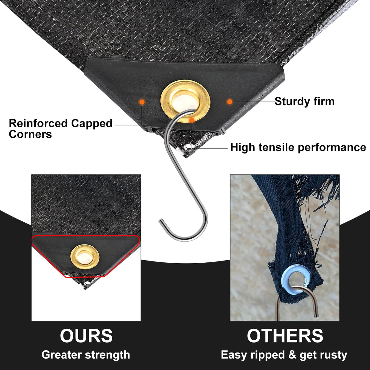 Patiobay tarp hem reinforced with poly rope for durability.