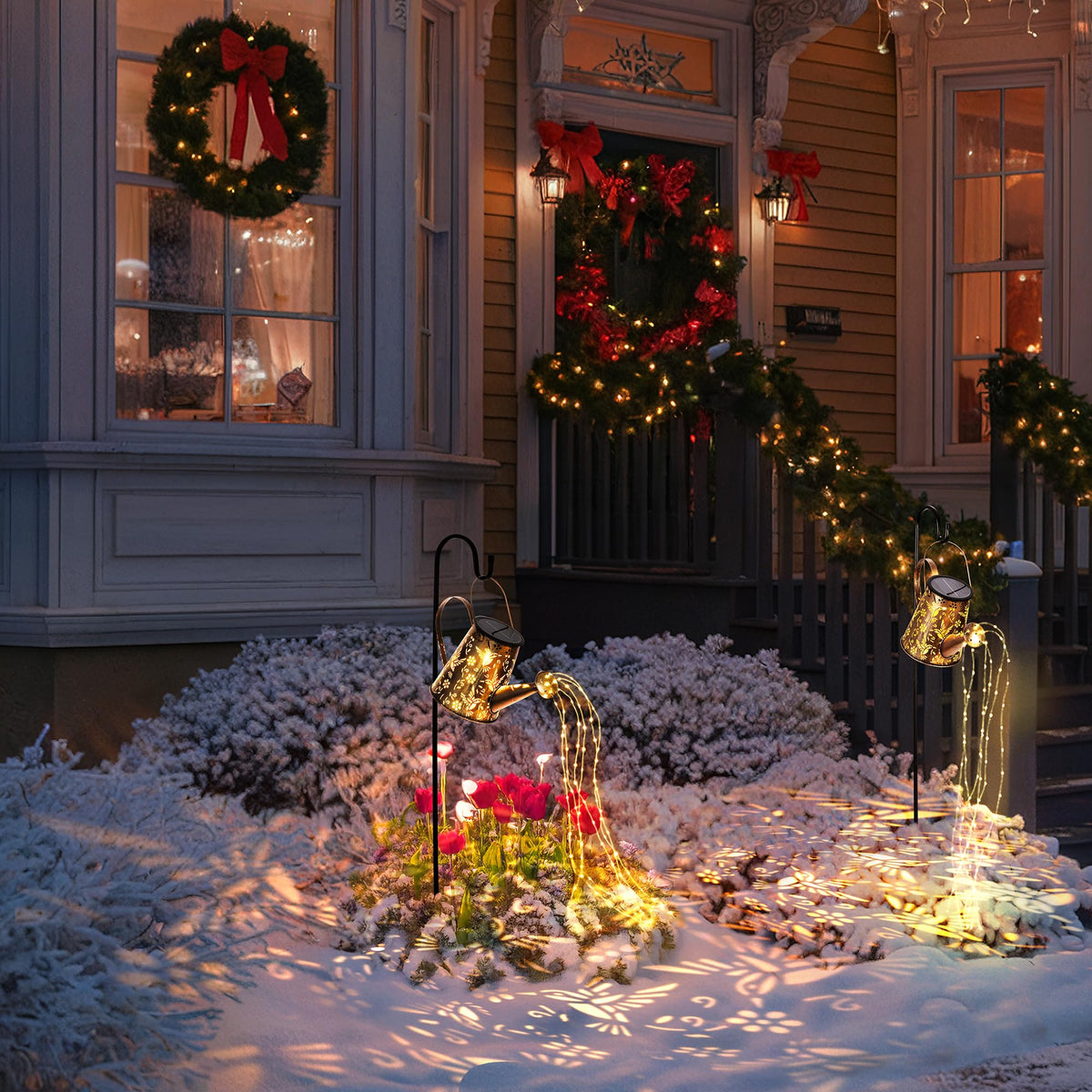 PATIOPIA outdoor decor enhances porches, decks, and flower beds at night