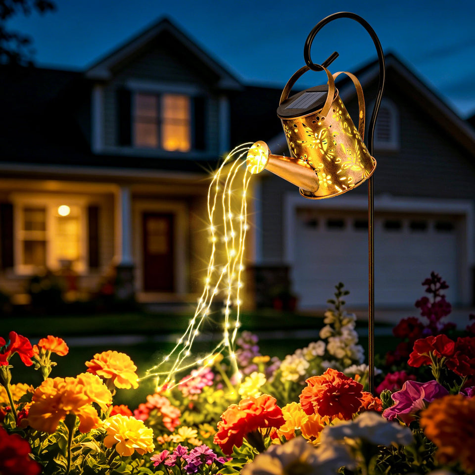 PATIOPIA hummingbird design solar watering can light adds decorative charm to patios at dusk