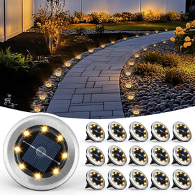PATIOWIN mini solar ground light with eight LEDs guiding walkways with a soft, warm glow.