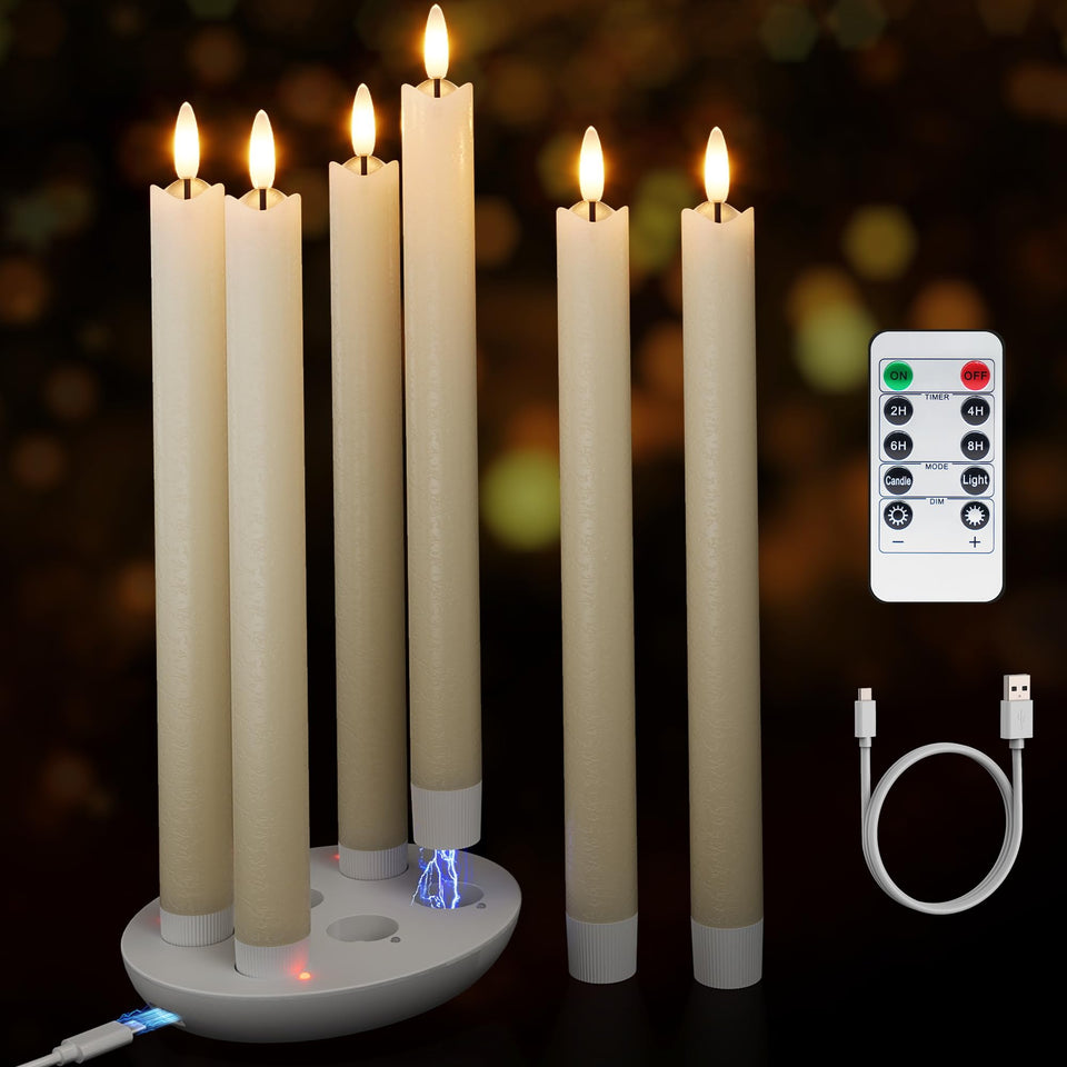 Patiphan charging station powering six flameless taper candles for uninterrupted ambient light