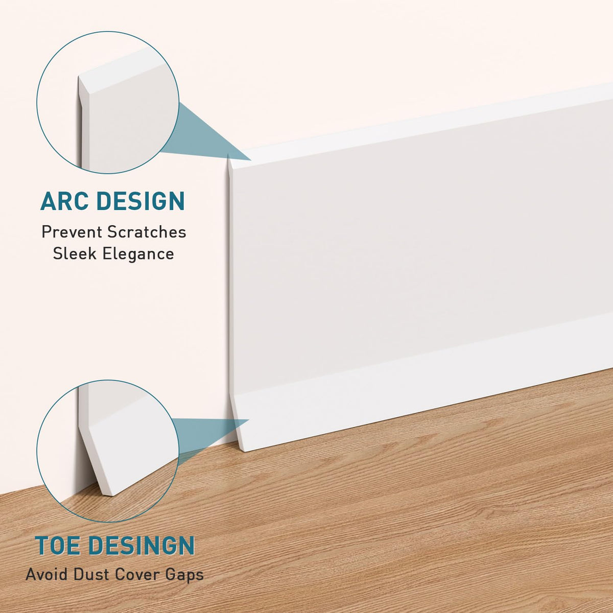 PATTENGO toe-design baseboard conceals gaps and guards wall moisture.