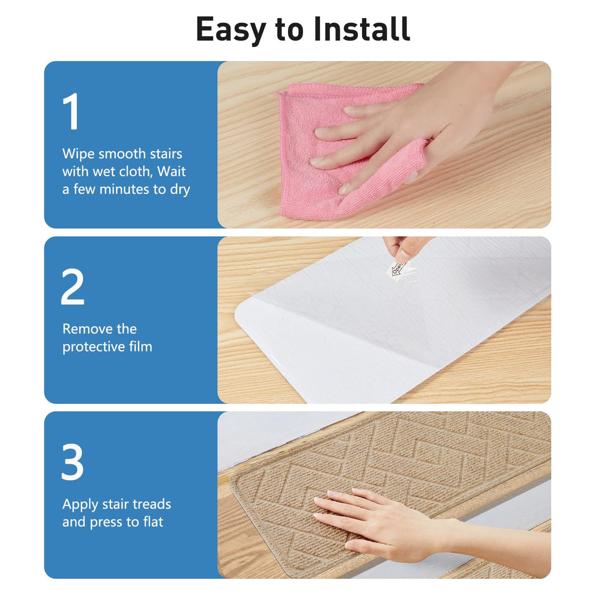 PATTENGO easy installation demonstrates clean, glue-free application on stairs.