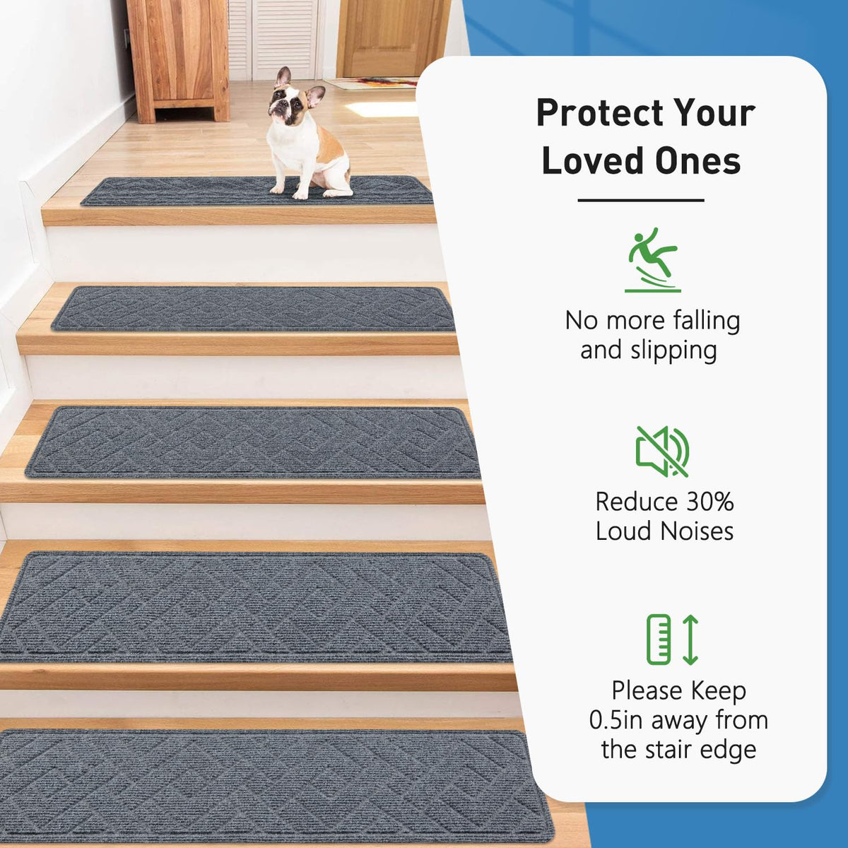 PATTENGO TPR self-adhesive stair carpets stay in place and reduce curling.