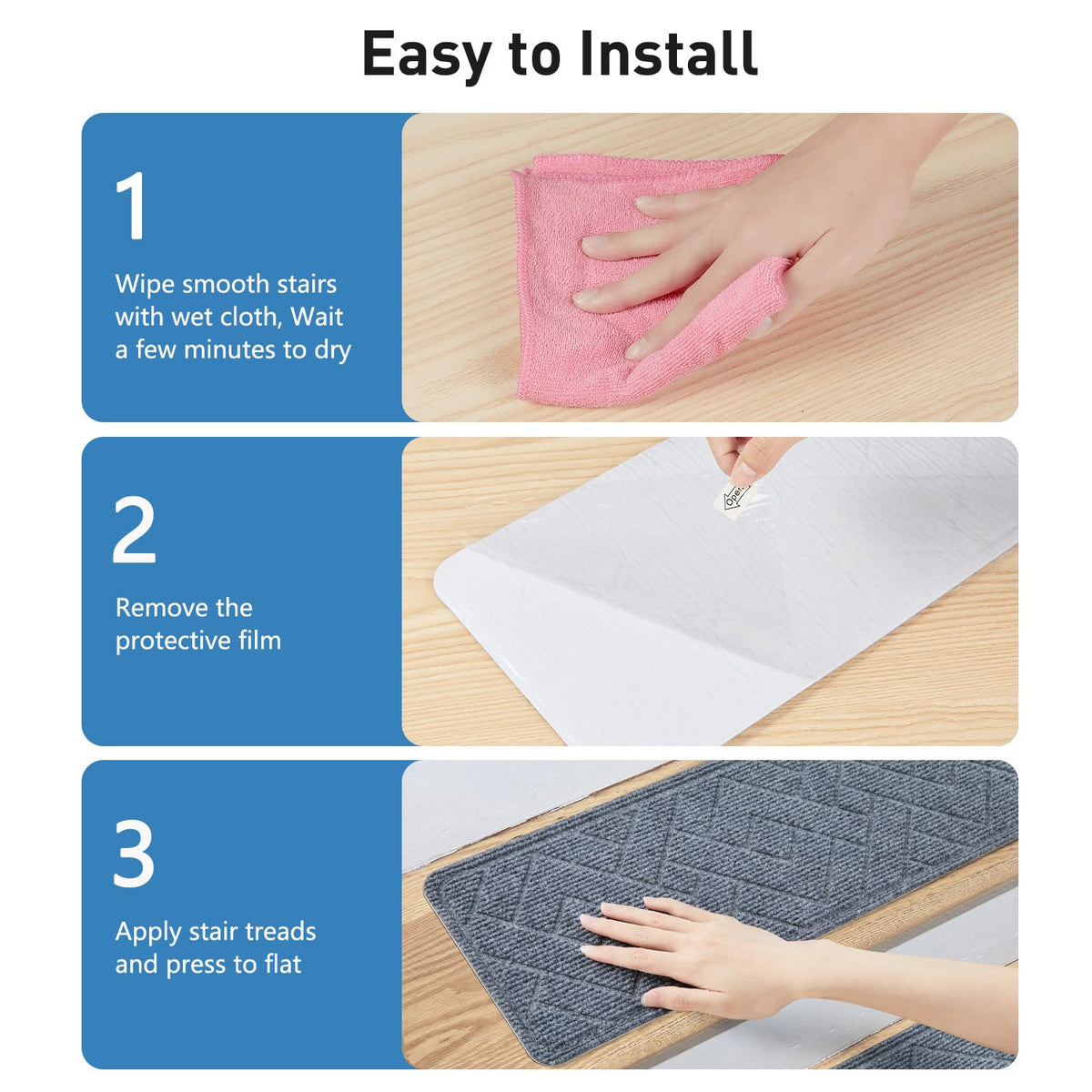 PATTENGO versatile indoor stair treads fit most smooth stairs.