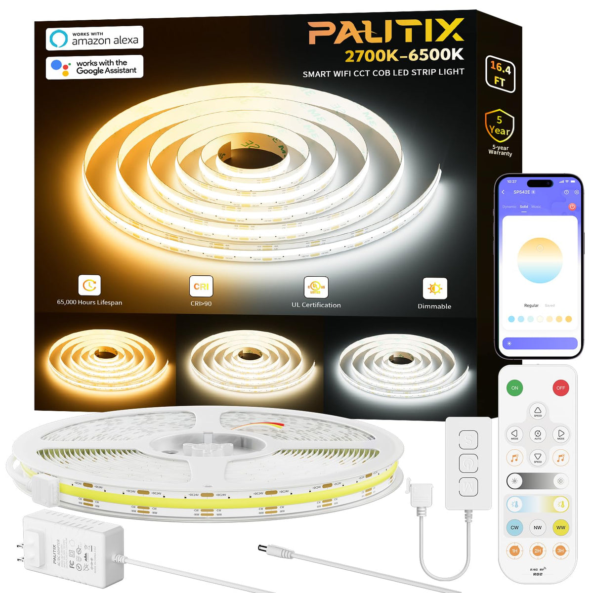 PAUTIX CCT COB LED strip light glowing in living room for warm-to-cool ambiance.