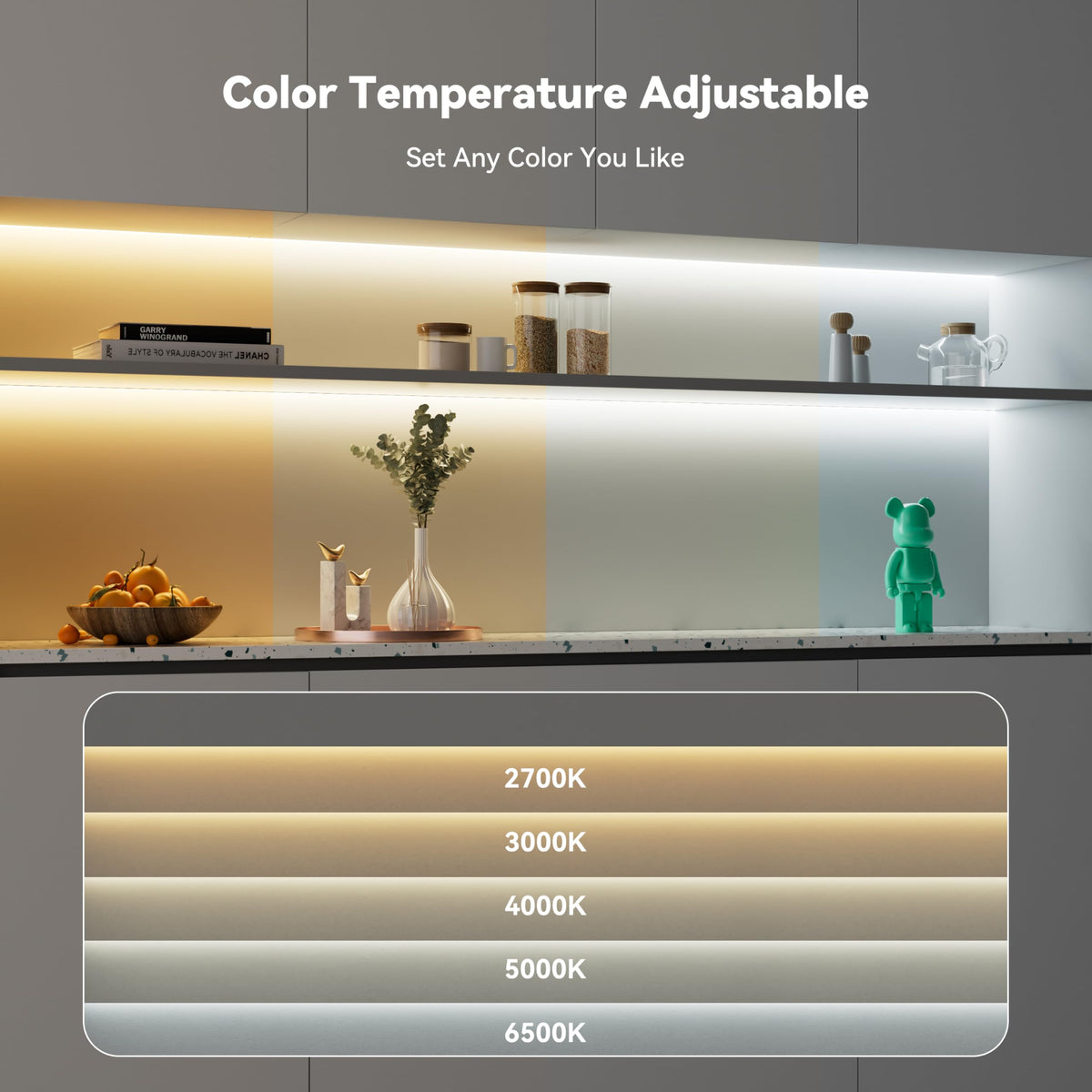 PAUTIX CCT COB LED strip light showing warm-to-cool transition for tasks.