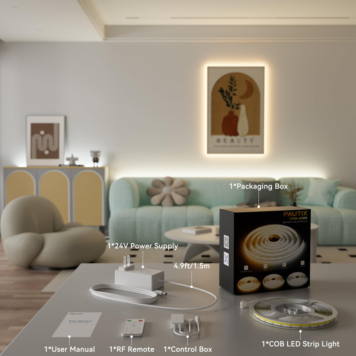PAUTIX COB LED strip kit includes components for quick setup.