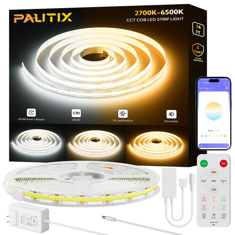 PAUTIX COB LED strip in 2700K-6500K tunable range for adaptable room lighting.