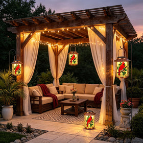 Pawatee Cardinal lawn landscape lanterns create subtle glow along borders.