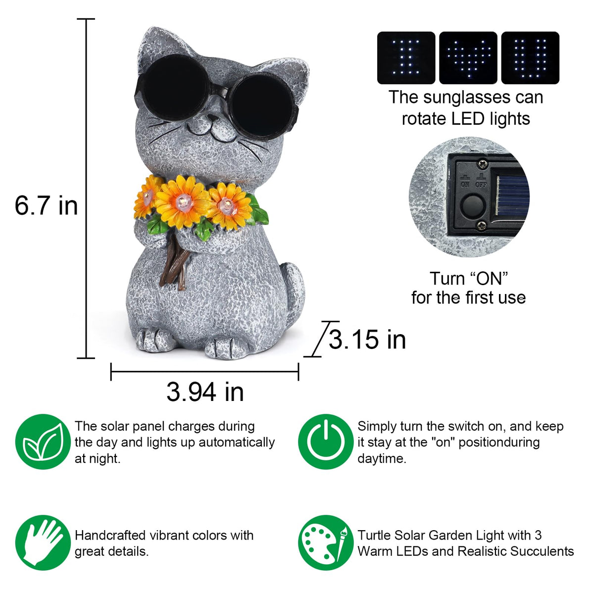 Pawatee rotating LED lights on the cat statue create a playful garden ambiance.