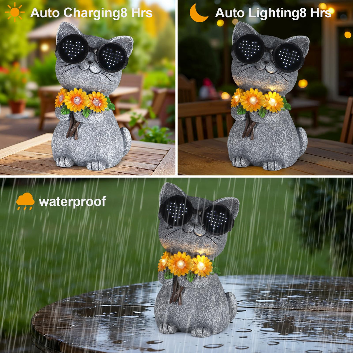 Pawatee weatherproof cat statue withstands rain and sun.