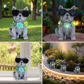Pawatee large dog garden sculpture with succulent accents and LED lights for patios.