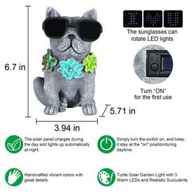 Pawatee dog statue with succulent accents and rotating LED lights elevates garden decor.
