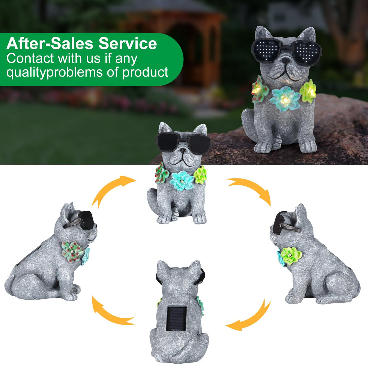 Pawatee solar powered outdoor statue shows a dog figure with succulent detail at dusk.