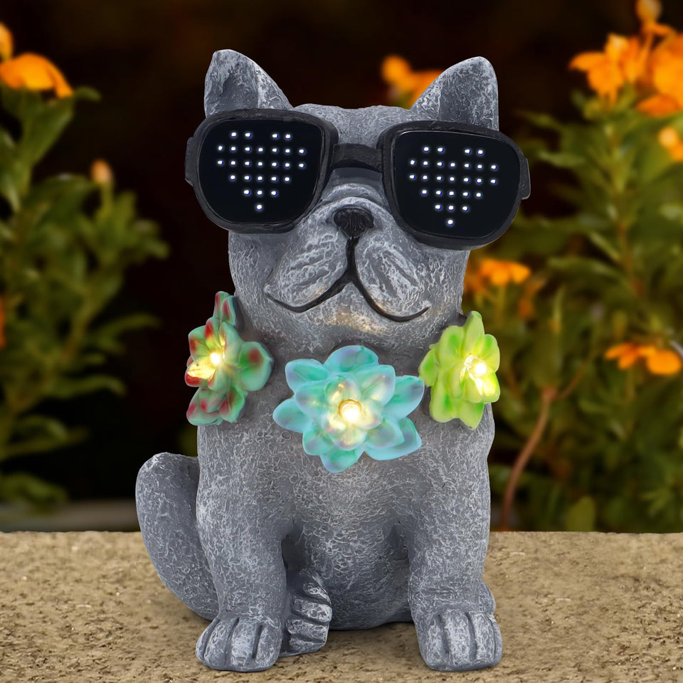 Pawatee solar dog garden statue with succulent and LED lights brightens outdoor spaces.