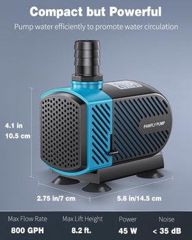 Pawfly 800 GPH submersible pump side view highlighting compact size and stability