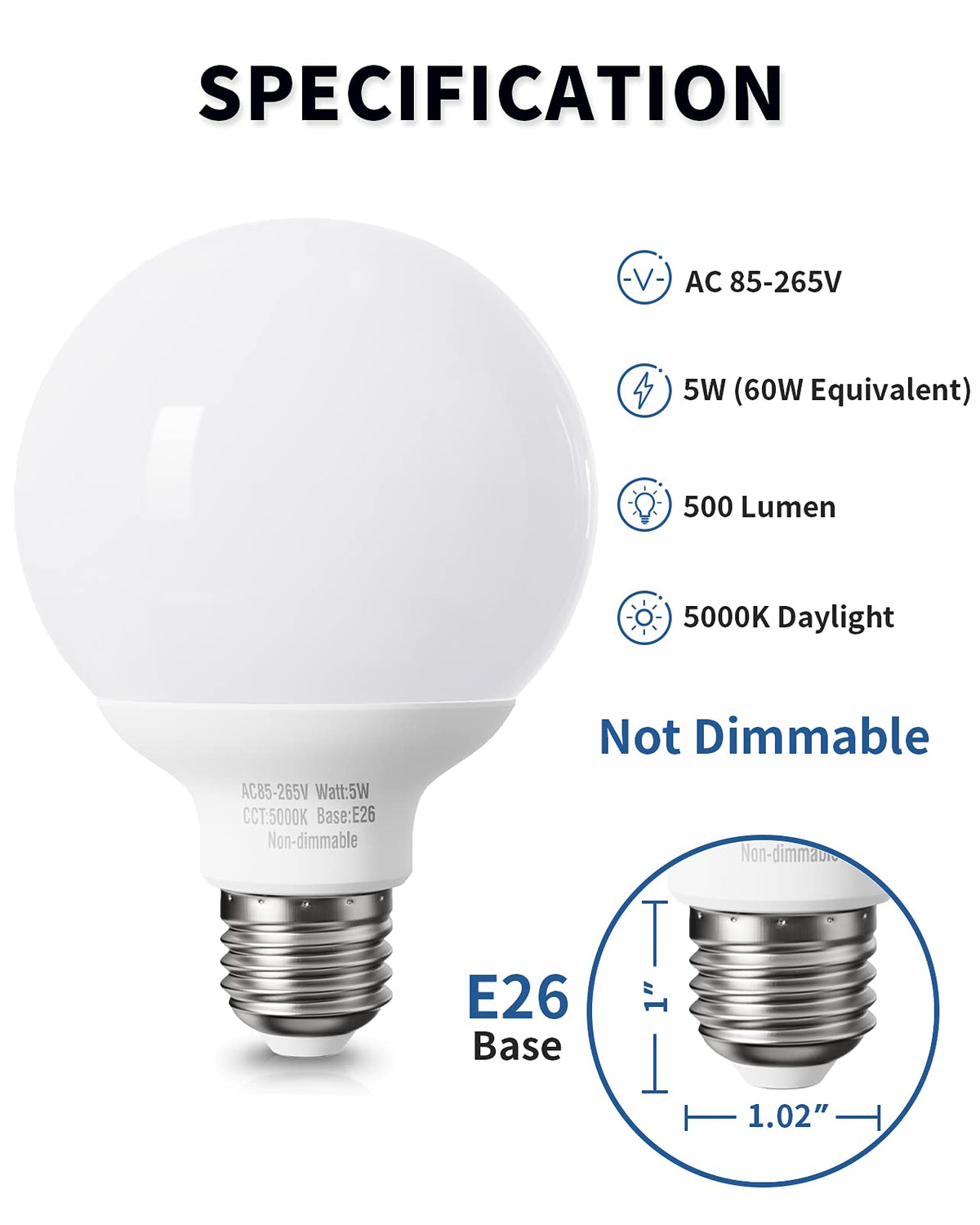 Pazetiv 5W globe bulb for vanity mirror, energy-saving daylight illumination.