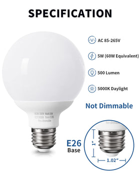 Pazetiv 5W globe bulb for vanity mirror, energy-saving daylight illumination.