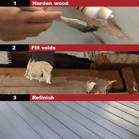 PC-Petrifier application on damaged sill strengthens wood before finishing