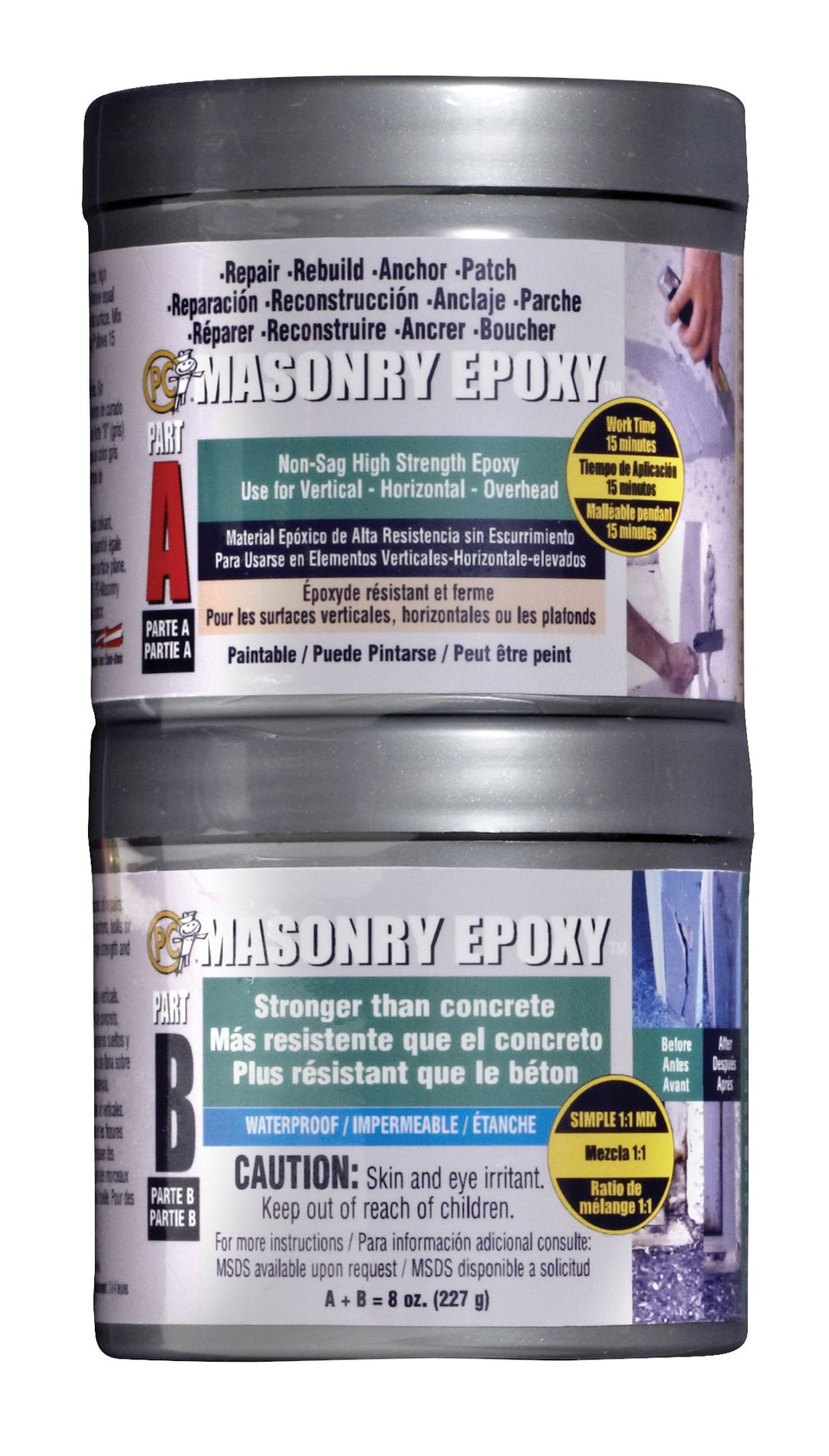 PC-Products PC-Masonry epoxy paste in two cans for durable repairs.