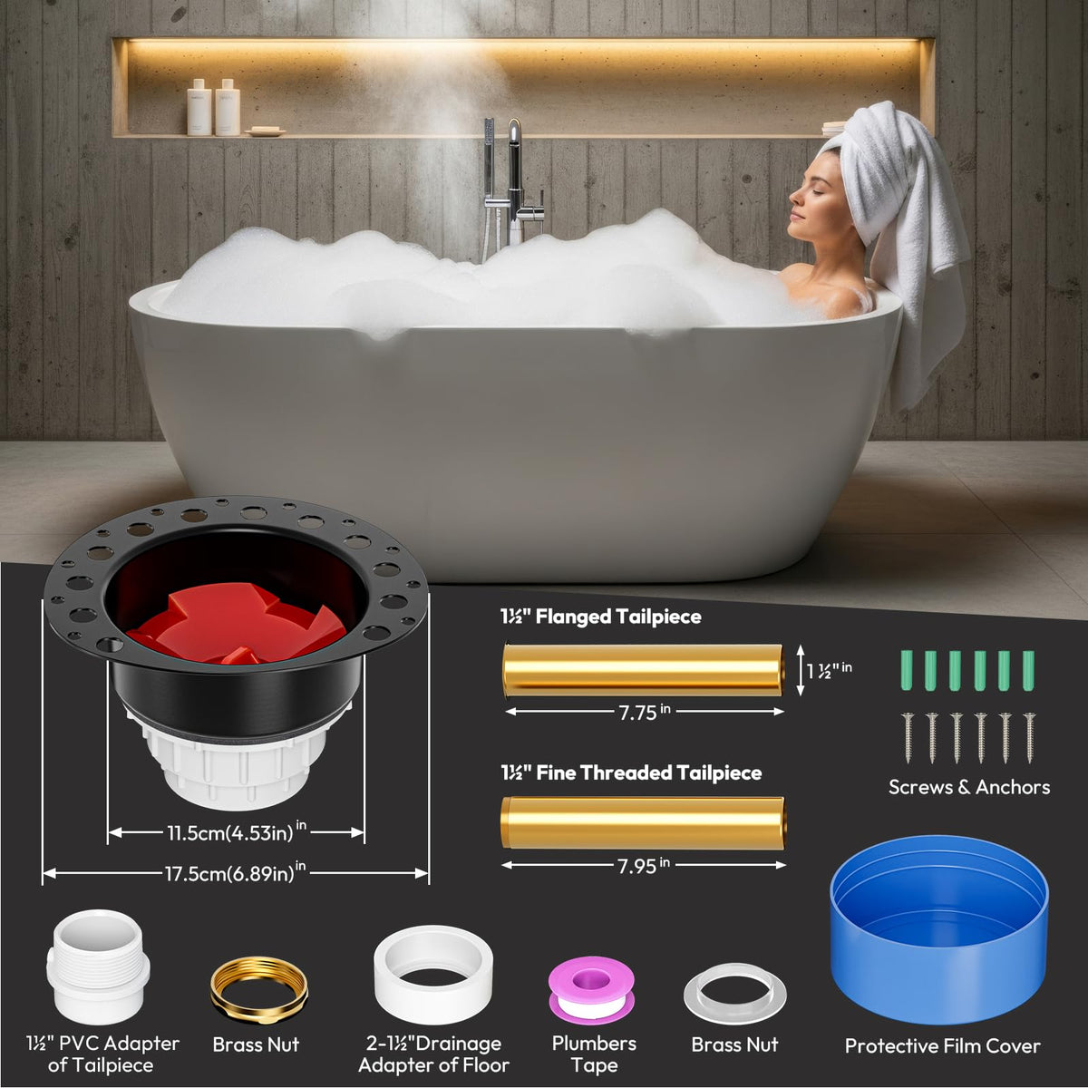 PCQSURE finished floor connection of freestanding tub drain for a secure seal