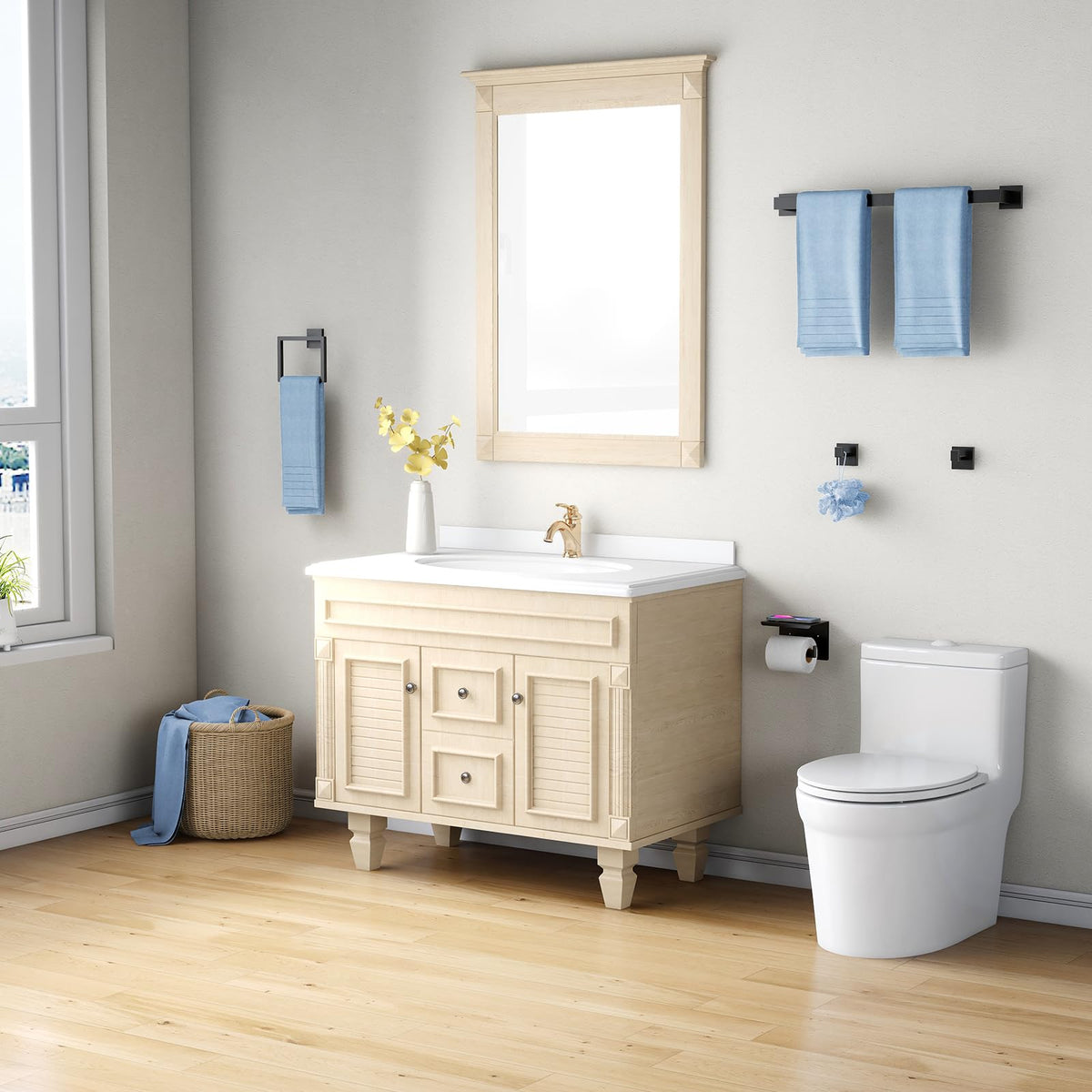 PDBADA matte black hardware set creates a cohesive bathroom style.