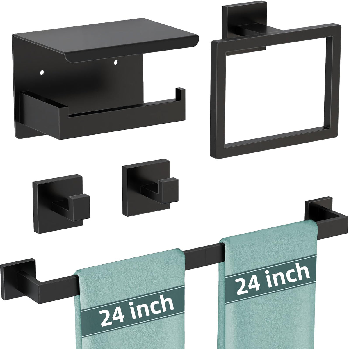 PDBADA matte black 24-inch towel bar keeps towels organized and within reach.