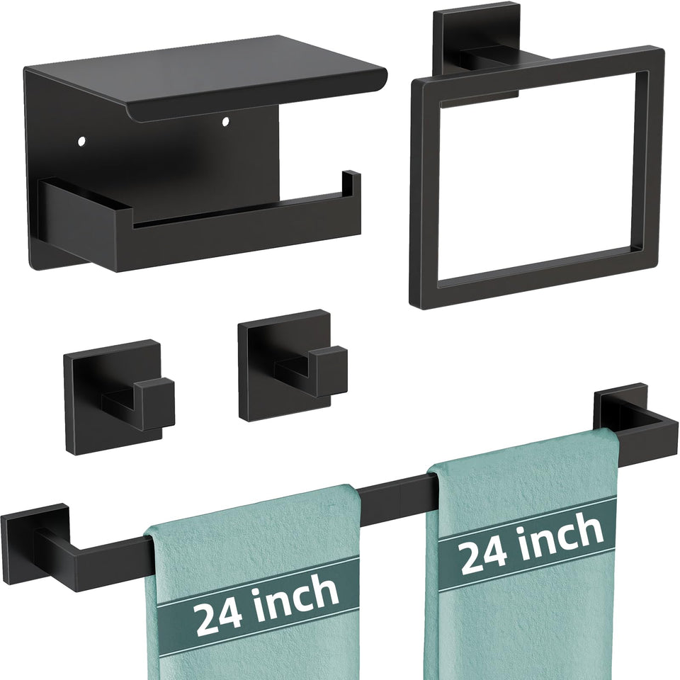 PDBADA matte black 24-inch towel bar keeps towels organized and within reach.
