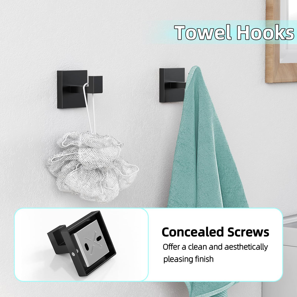 PDBADA two towel hooks offer versatile hanging for robes or loofahs.
