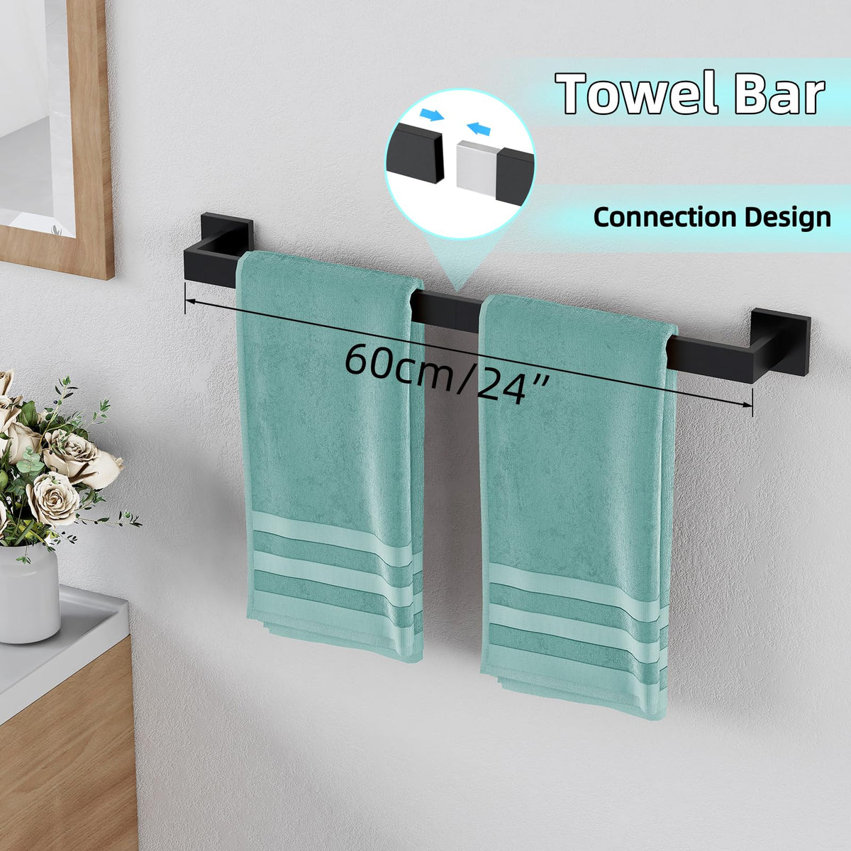 PDBADA square towel ring complements the set for quick hand towel access.