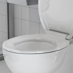 PeacefulHues soft-close hinge system delivers smooth lowering for a quiet home bathroom.