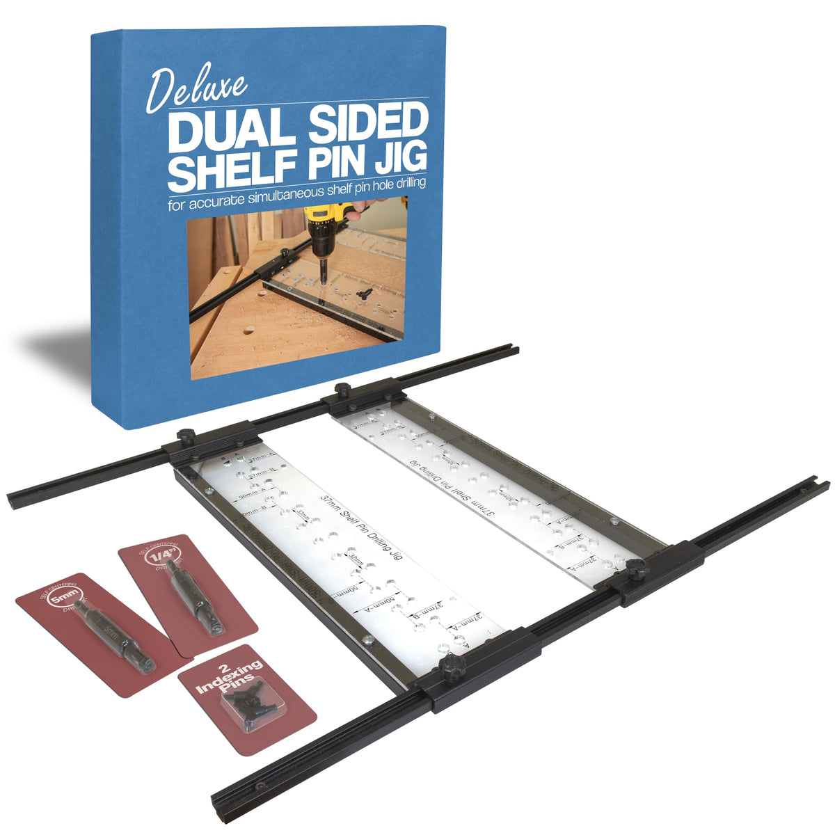 Peachtree Deluxe Dual Shelf Pin Jig front view showing precise, aligned holes for sturdy shelves