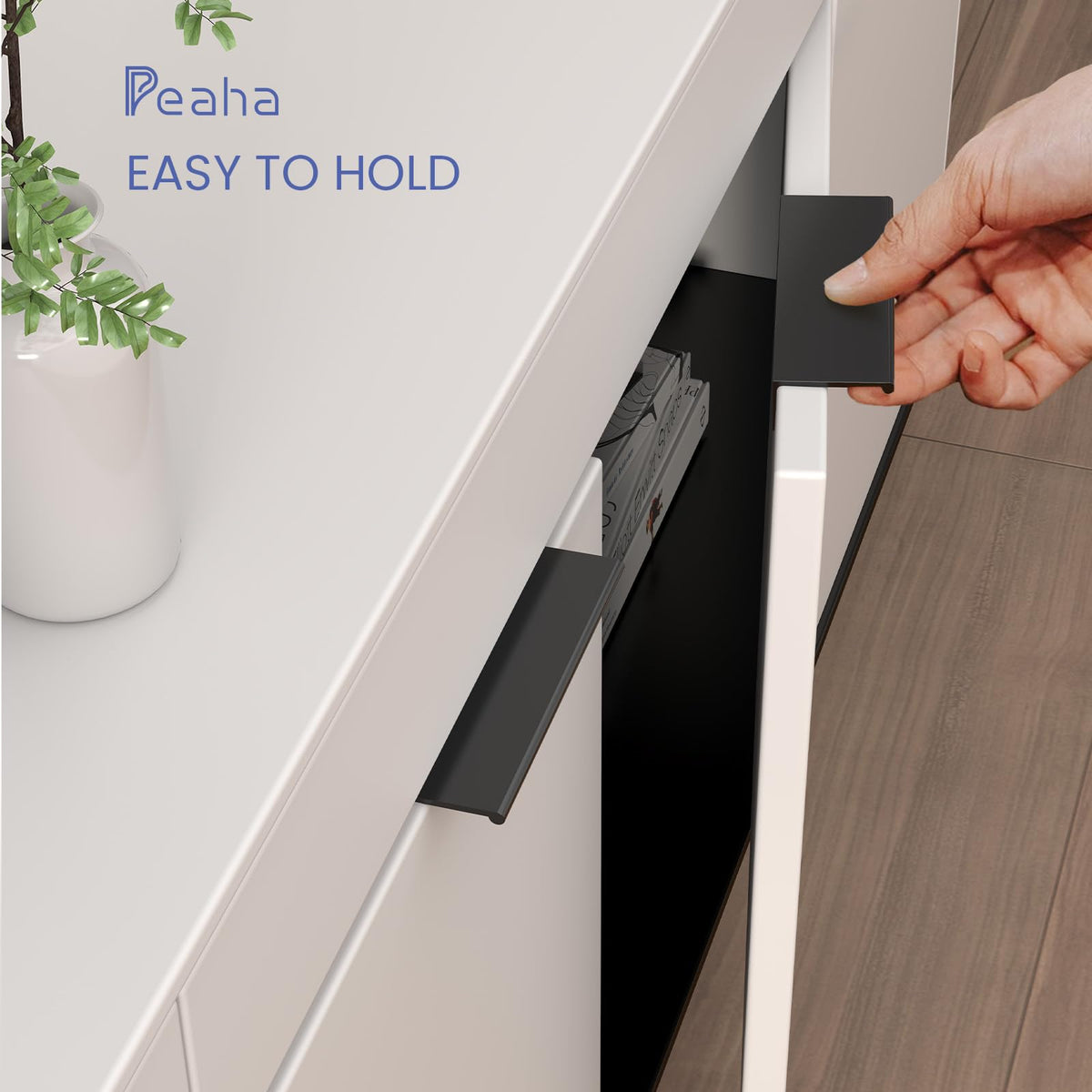 Peaha black pulls side profile for a sleek cabinet facade.