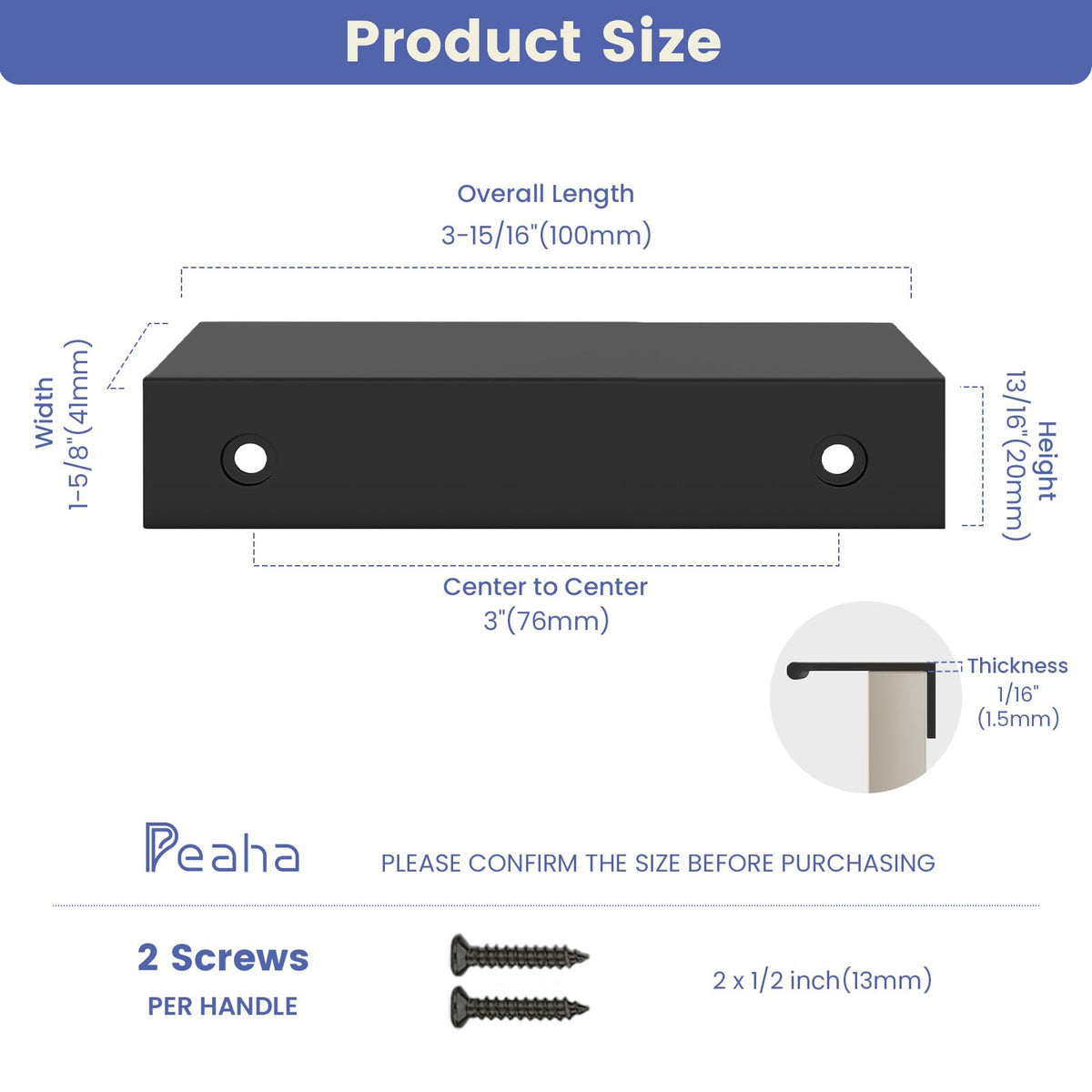 Peaha 10-pack black cabinet pulls, close-up edge, durable aluminum alloy