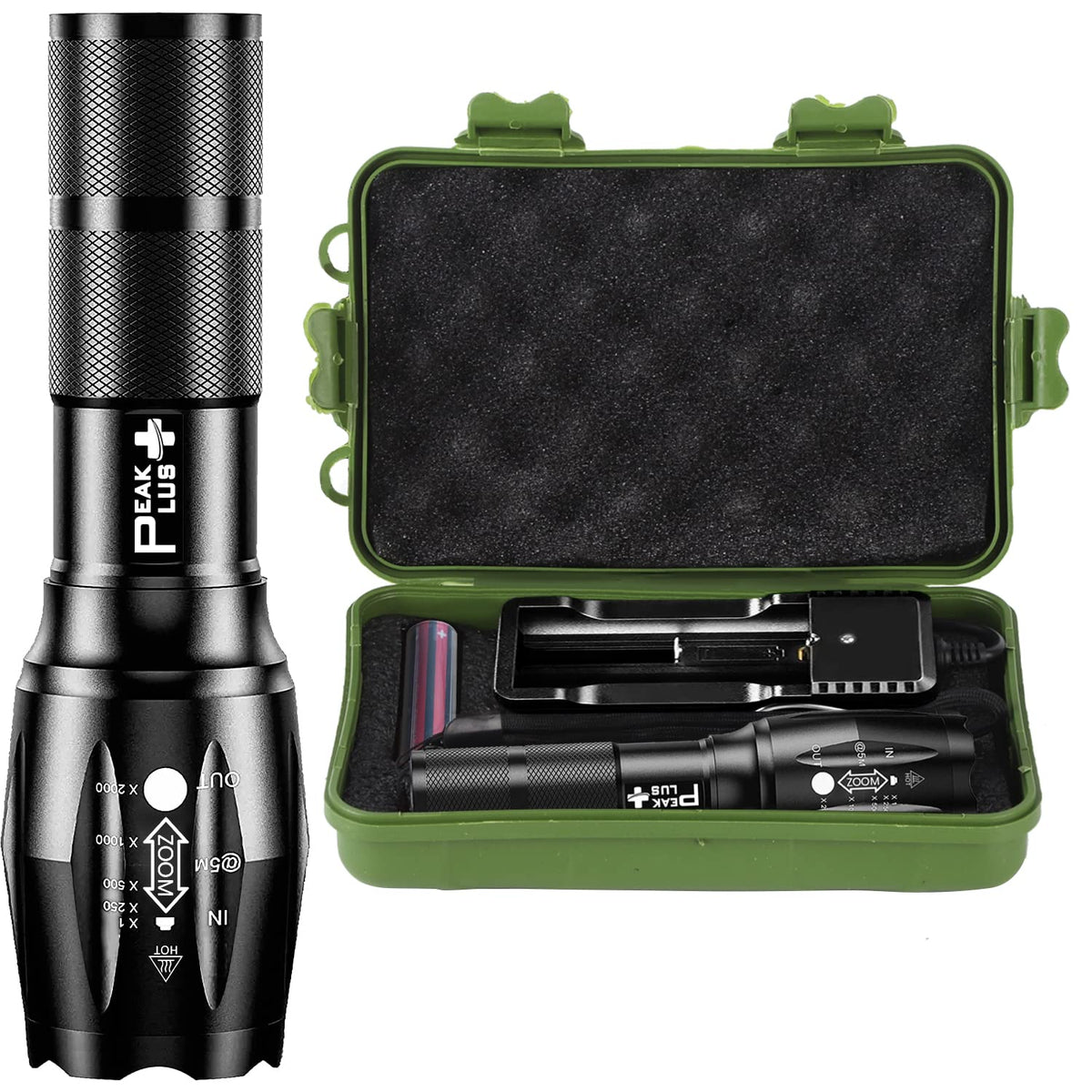 PeakPlus LFX1000 full kit with rechargeable battery and charger for camping readiness.