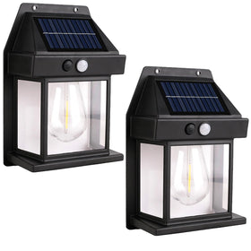 PeakPlus solar wall light outdoor 2-pack mounted on wall at dusk for energy-saving illumination