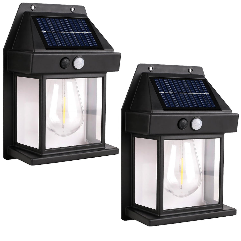 PeakPlus solar wall light outdoor 2-pack mounted on wall at dusk for energy-saving illumination