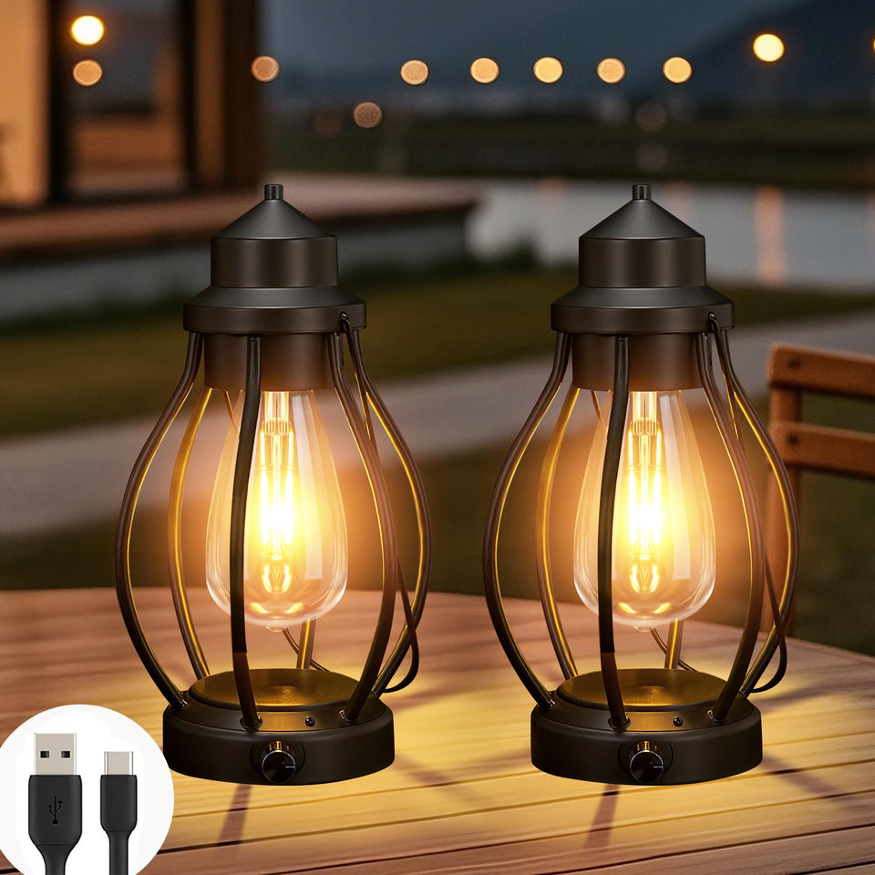 Pearlstar 2-pack rechargeable lanterns illuminate outdoor evenings with warm, inviting glow.