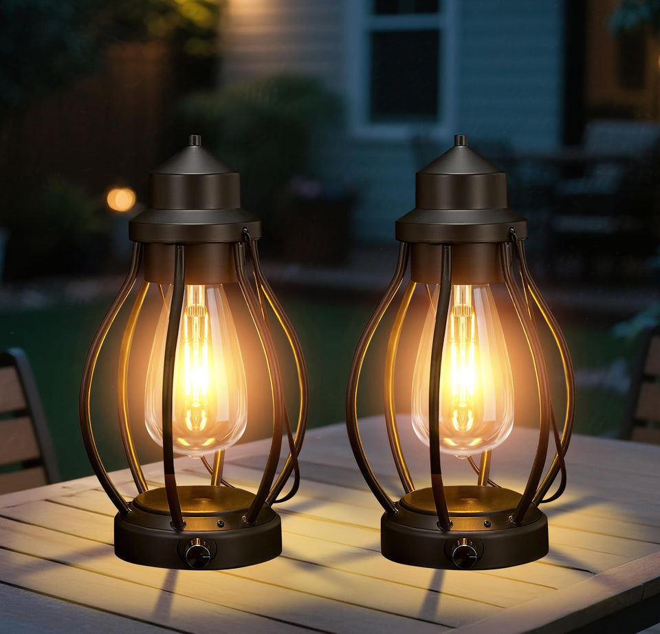 Pearlstar vintage LED lantern hanging outdoors for warm ambience.